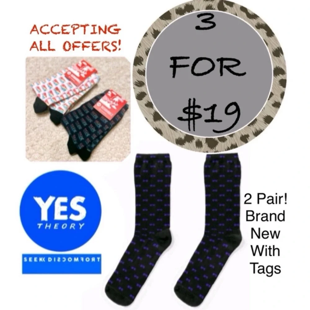 3/$19 NWT Bundle of 2 pair Yes Theory Seek Discomfort all over logo crew socks